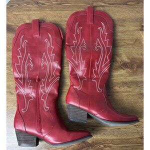 Women Low Heel Cowboy Knee High Boots Chunky Heel Western Cowgirl Boots Size 9